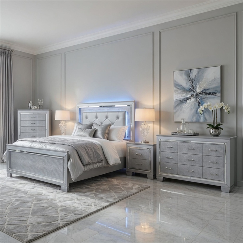 Queen Bedroom Set- Gray- 5 Piece Set with 2 Nightstands- Dresser- and Chest