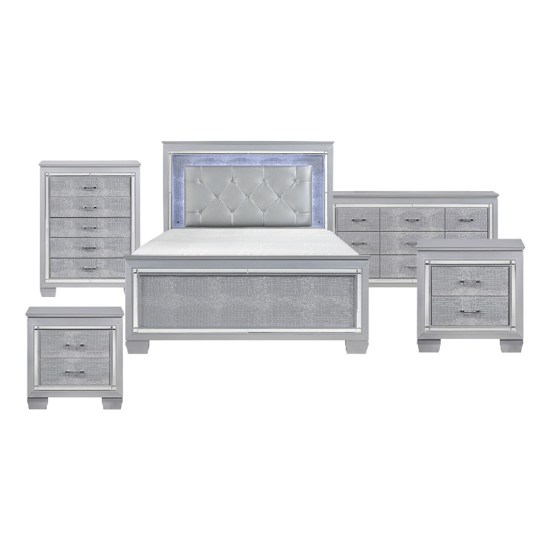 Queen Bedroom Set- Gray- 5 Piece Set with 2 Nightstands- Dresser- and Chest