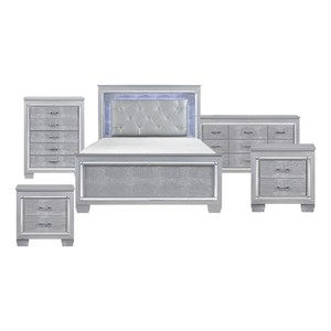Queen Bedroom Set- Gray- 5 Piece Set with 2 Nightstands- Dresser- and Chest