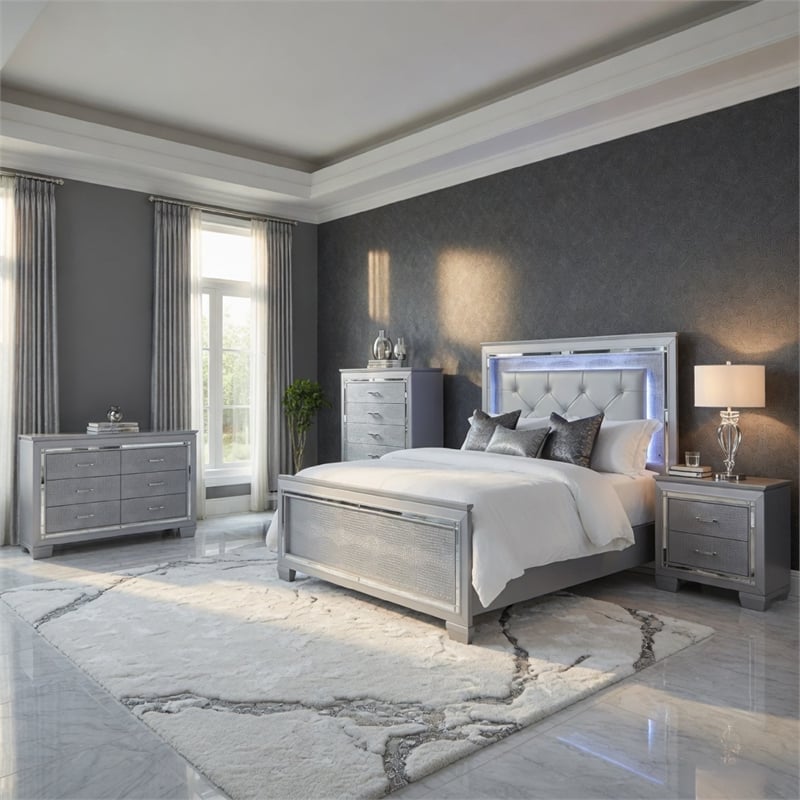 Queen Bedroom Set-Gray- 4 Piece Set with Nightstand- Dresser- and Chest