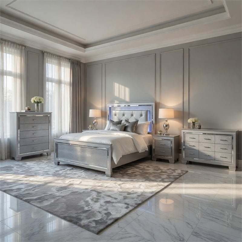 Queen Bedroom Set-Gray- 4 Piece Set with Nightstand- Dresser- and Chest
