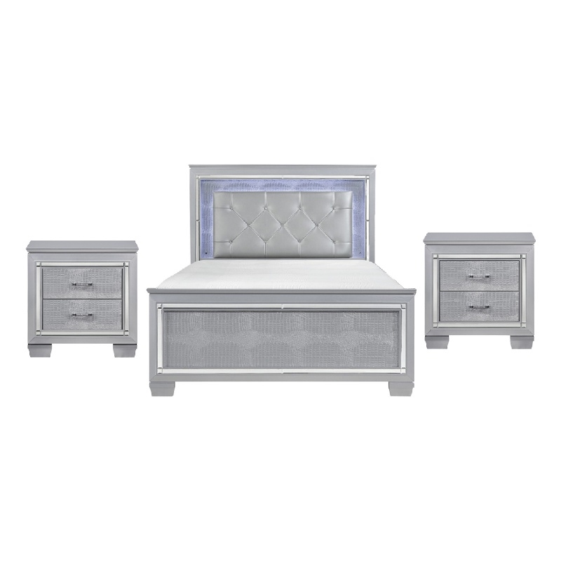 Queen Bedroom Set- Drawer Storage- Gray- 3 Piece Set with 2 Nightstands
