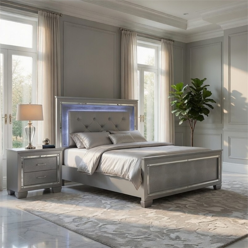 Queen Bedroom Set- Drawer Storage- Gray- 2 Piece Set with 1 Nightstands