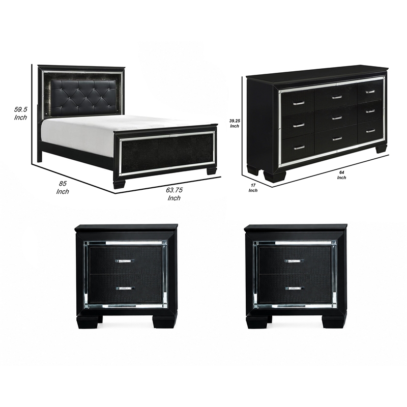 Queen Bedroom Set- Black- 4 Piece Set with 2 Nightstands and Dresser