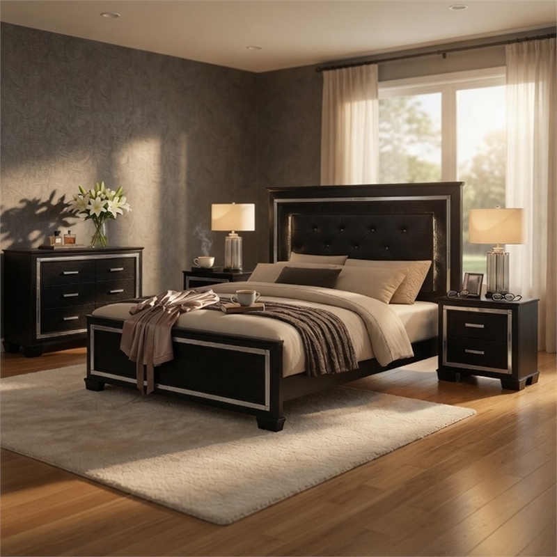 Queen Bedroom Set- Black- 4 Piece Set with 2 Nightstands and Dresser