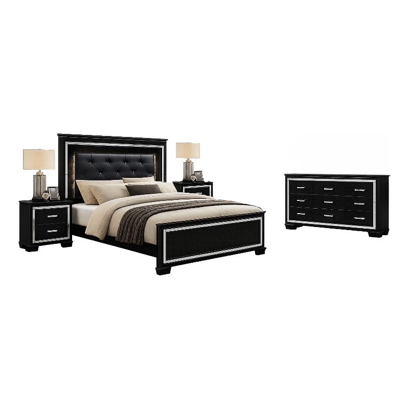 Queen Bedroom Set- Black- 4 Piece Set with 2 Nightstands and Dresser