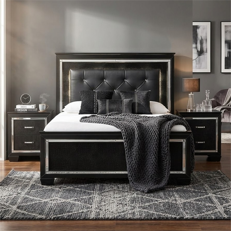 Queen Bedroom Set- Drawer Storage- Black- 3 Piece Set with 2 Nightstands
