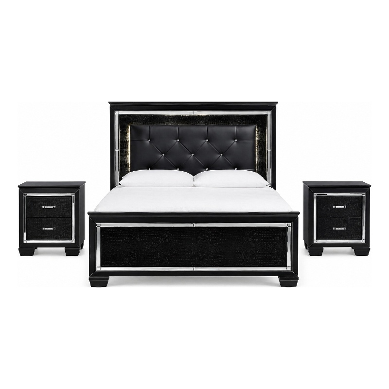 Queen Bedroom Set- Drawer Storage- Black- 3 Piece Set with 2 Nightstands