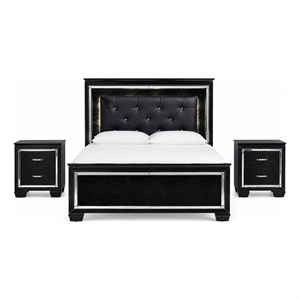 Queen Bedroom Set- Drawer Storage- Black- 3 Piece Set with 2 Nightstands
