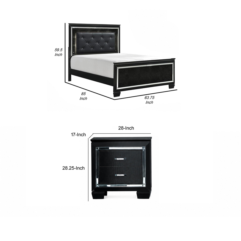 Queen Bedroom Set- Drawer Storage- Black- 2 Piece Set with Nightstand