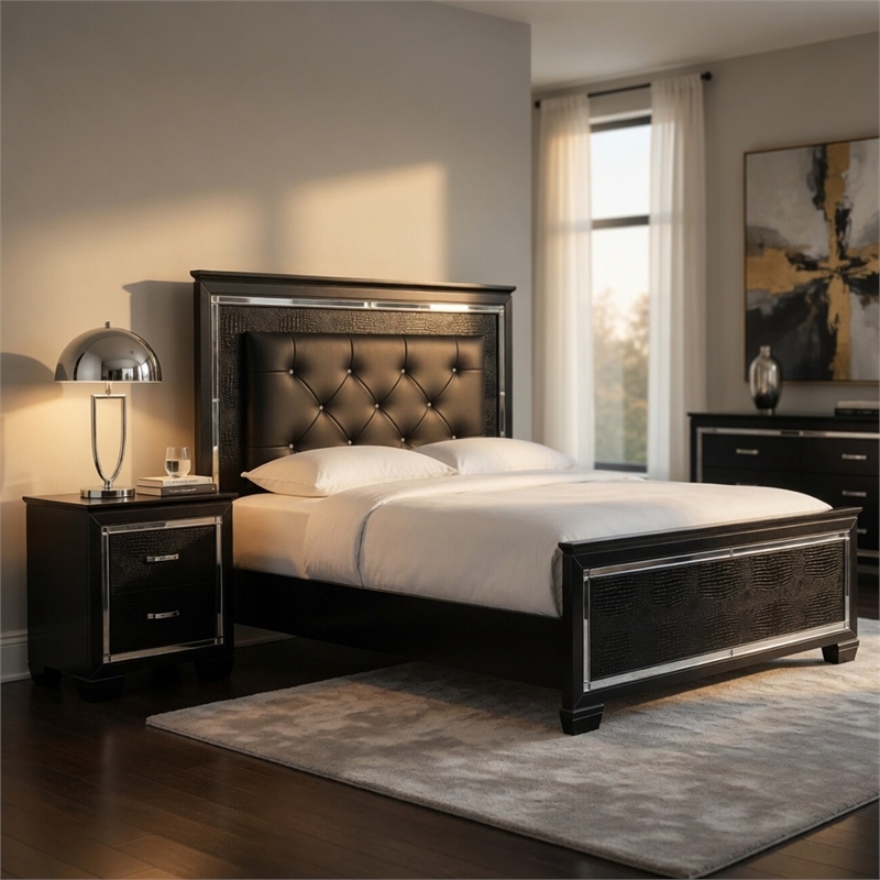 Queen Bedroom Set- Drawer Storage- Black- 2 Piece Set with Nightstand