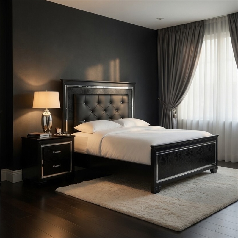 Queen Bedroom Set- Drawer Storage- Black- 2 Piece Set with Nightstand