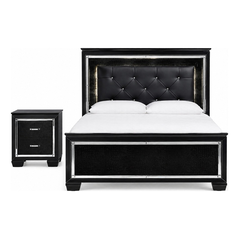 Queen Bedroom Set- Drawer Storage- Black- 2 Piece Set with Nightstand