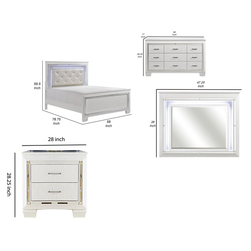Full Bedroom Set- White- 4 Piece Set with Nightstand- Dresser- and Mirror