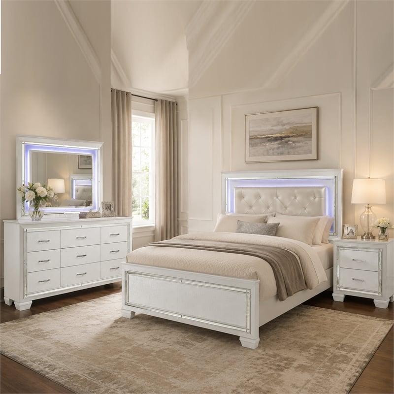 Full Bedroom Set- White- 4 Piece Set with Nightstand- Dresser- and Mirror