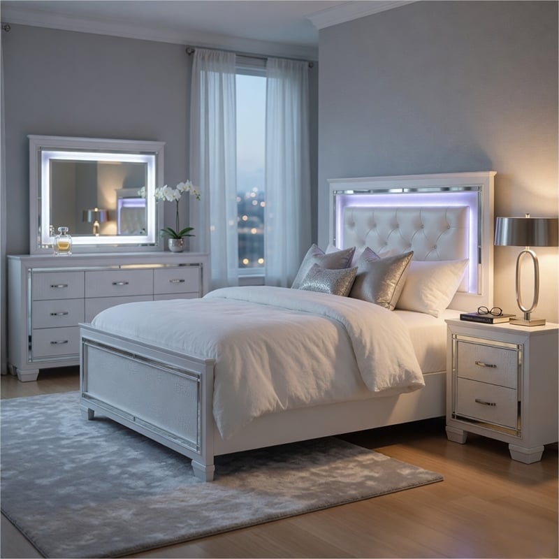 Full Bedroom Set- White- 4 Piece Set with Nightstand- Dresser- and Mirror