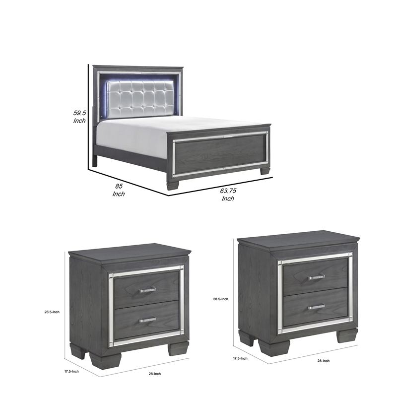 Queen Bedroom Set- Drawer Storage- Gray- 3 Piece Set with 2 Nightstands
