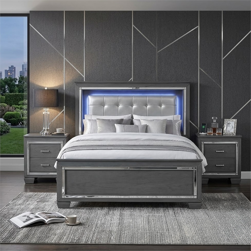 Queen Bedroom Set- Drawer Storage- Gray- 3 Piece Set with 2 Nightstands