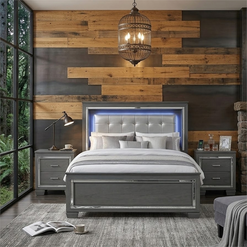 Queen Bedroom Set- Drawer Storage- Gray- 3 Piece Set with 2 Nightstands