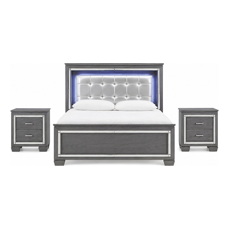 Queen Bedroom Set- Drawer Storage- Gray- 3 Piece Set with 2 Nightstands
