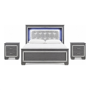 Queen Bedroom Set- Drawer Storage- Gray- 3 Piece Set with 2 Nightstands