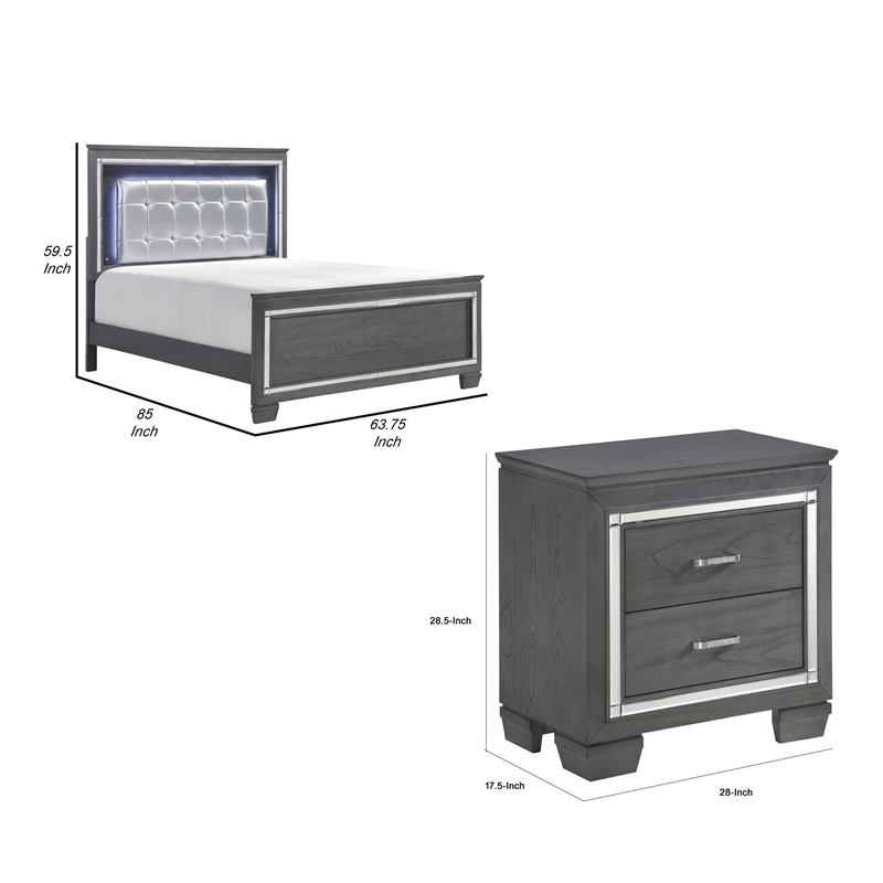 Queen Bedroom Set- Drawer Storage- Gray- 2 Piece Set with Nightstand