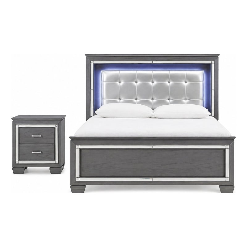 Queen Bedroom Set- Drawer Storage- Gray- 2 Piece Set with Nightstand