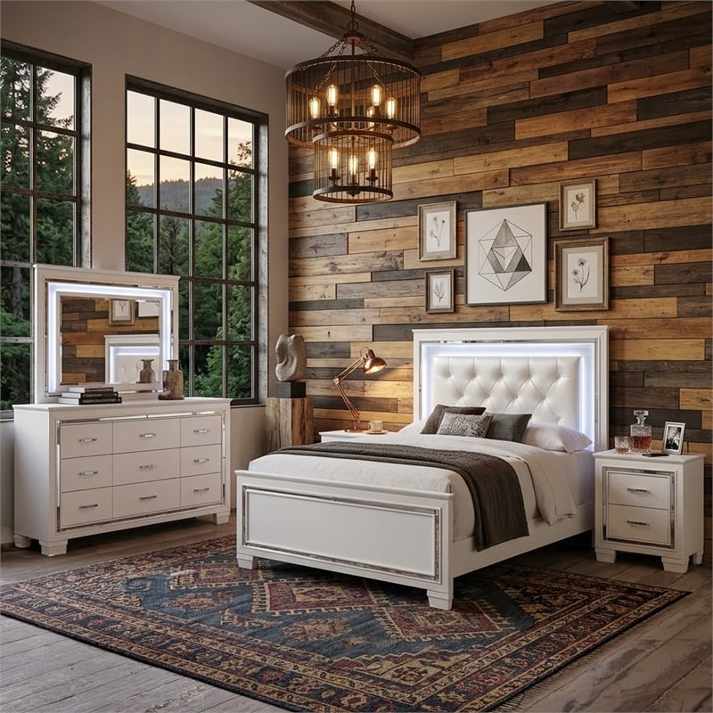 Queen Bedroom Set- White- 5 Piece Set with 2 Nightstands- Dresser- Mirror