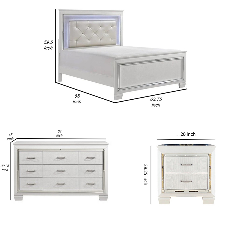 Queen Bedroom Set- White- 4 Piece Set with 2 Nightstands and Dresser