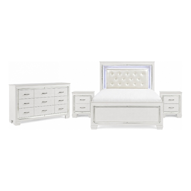 Queen Bedroom Set- White- 4 Piece Set with 2 Nightstands and Dresser