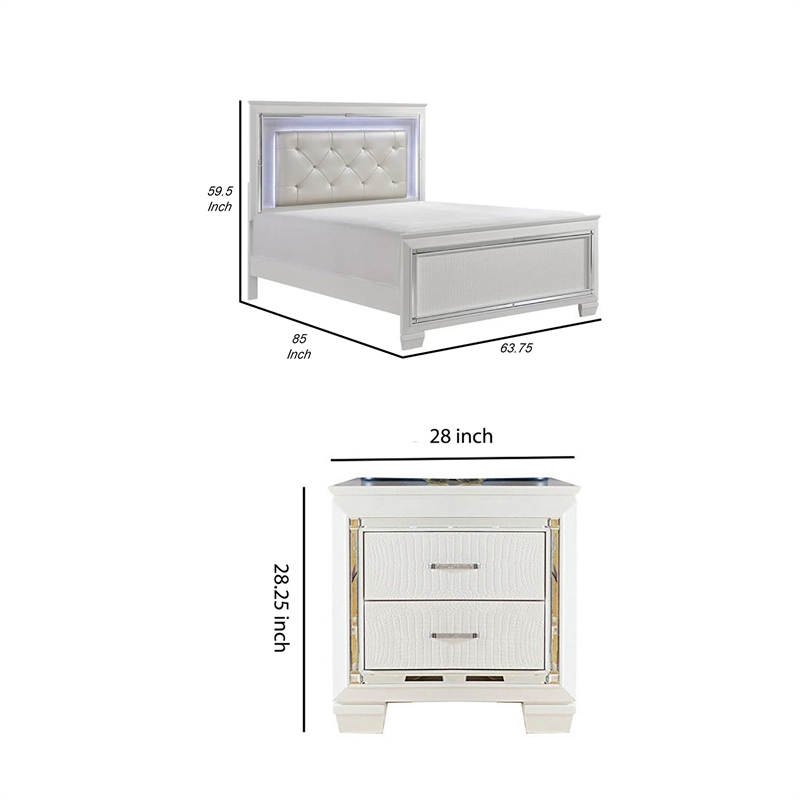 Queen Bedroom Set- Drawer Storage- White- 2 Piece Set with Nightstand