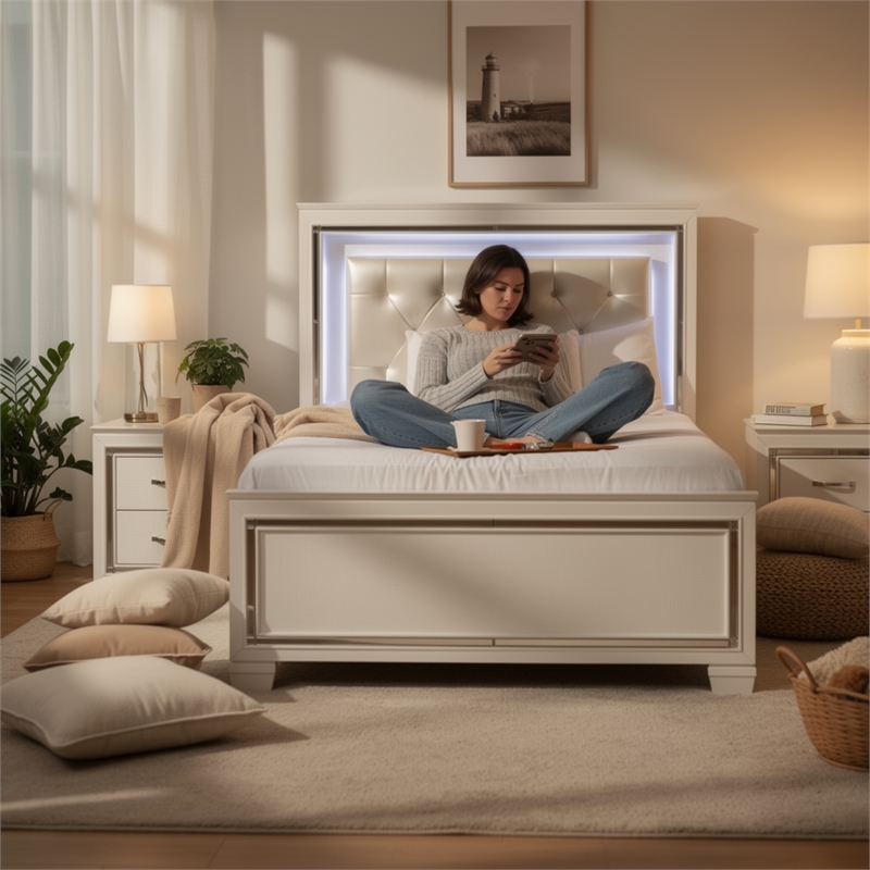Queen Bedroom Set- Drawer Storage- White- 2 Piece Set with Nightstand