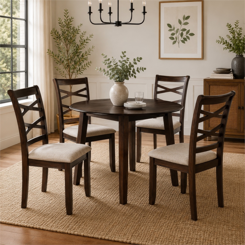 Baron 5pc Round Dining Table Set with 4 Chairs- 2 Drop Leaves- Brown