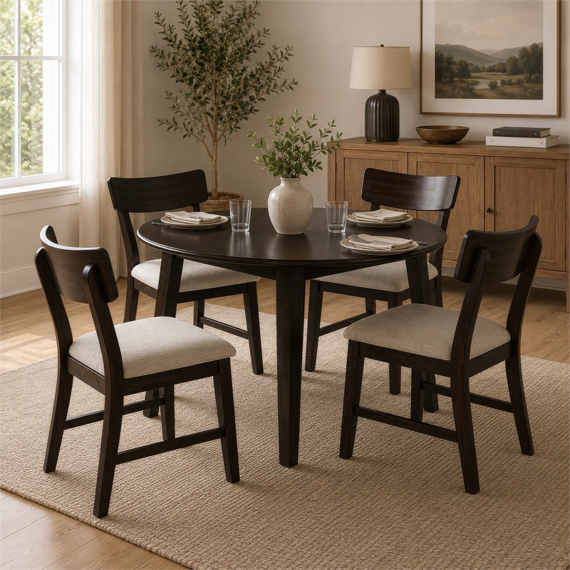 Caty 5pc Round Dining Table Set with 4 Chairs- 2 Drop Leaves- Brown