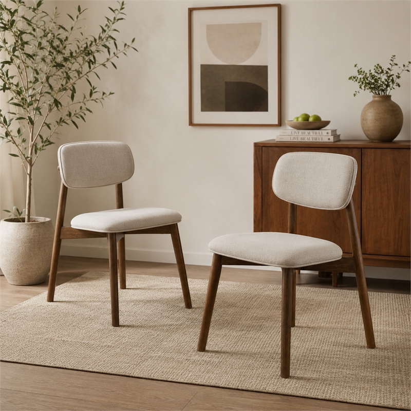 Alni Side Dining Chair Set of 2- Beige Polyester Cushions- Walnut Brown