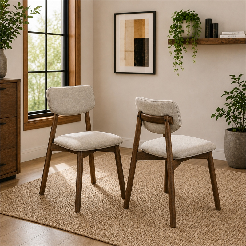 Alni Side Dining Chair Set of 2- Beige Polyester Cushions- Walnut Brown