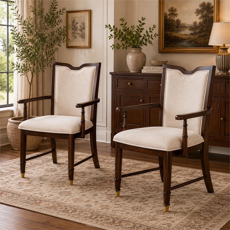 Raam Dining Armchair Set of 2- Cream Cushions- Dark Cherry Brown