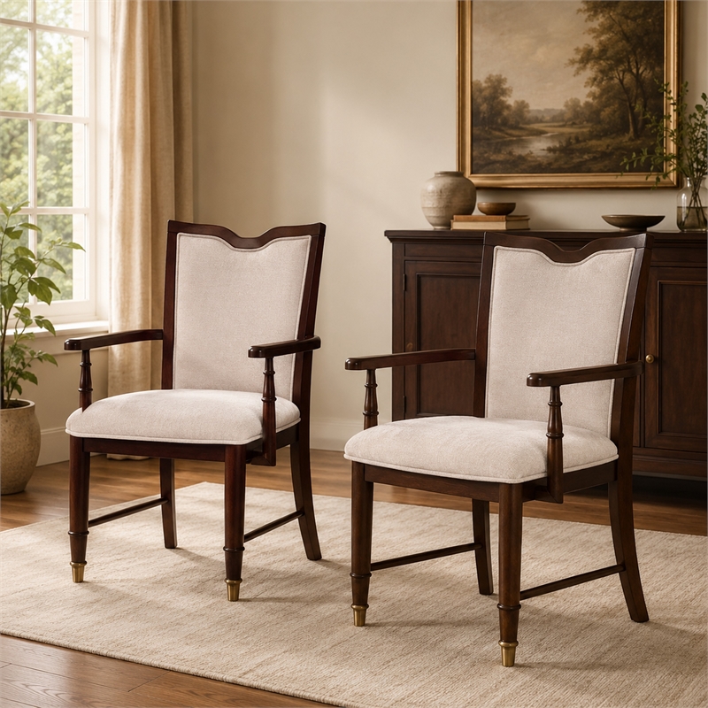 Raam Dining Armchair Set of 2- Cream Cushions- Dark Cherry Brown