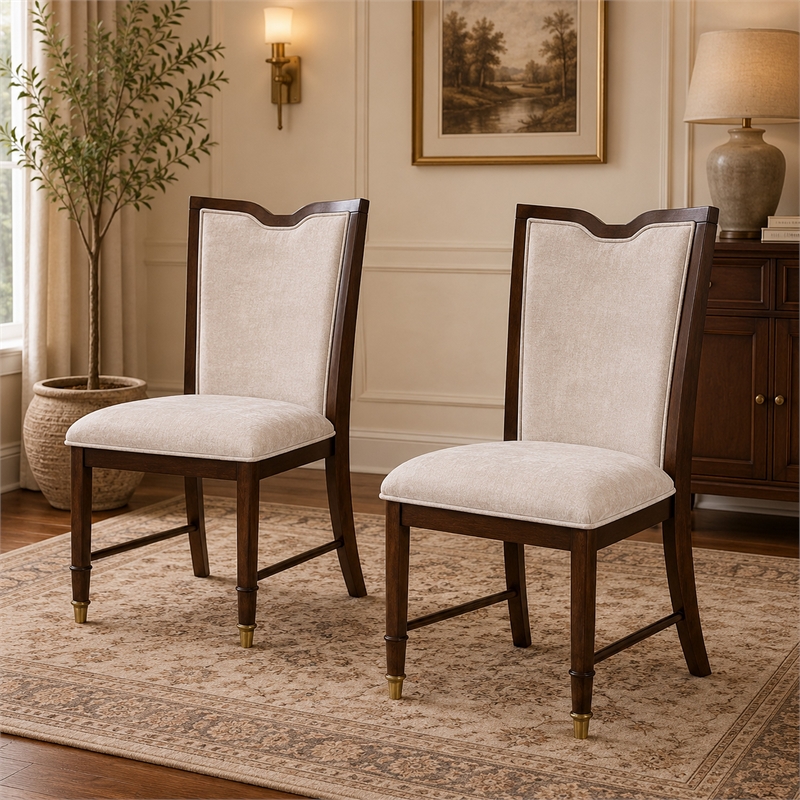 Raam Dining Side Chair Set of 2- Cream Cushions- Dark Cherry Brown