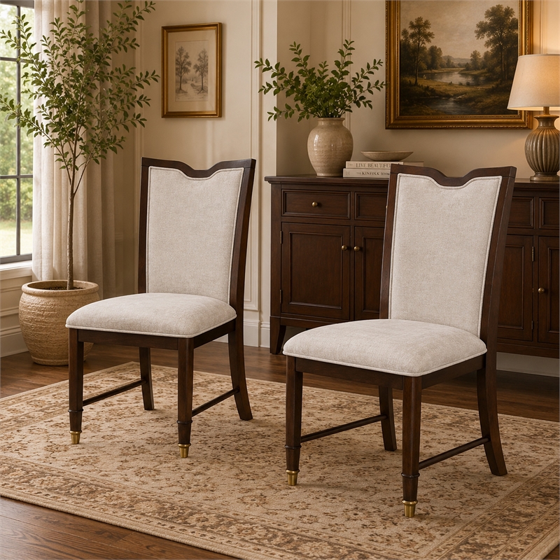 Raam Dining Side Chair Set of 2- Cream Cushions- Dark Cherry Brown
