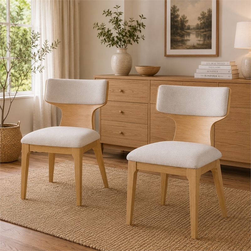 Cair Dining Side Chair Set of 2- Curved Back- Beige Cushions- Natural Brown