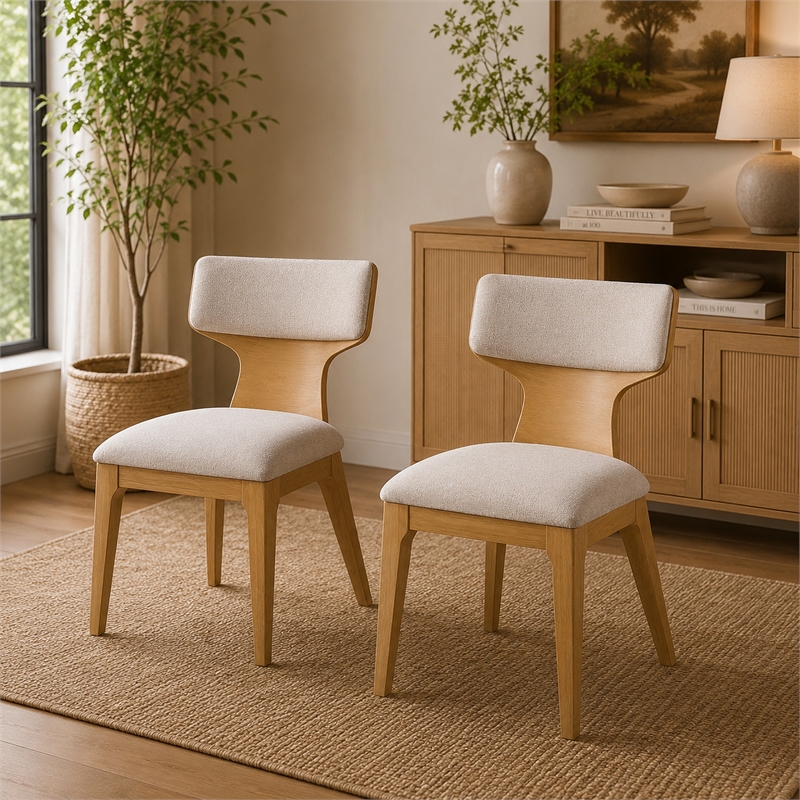 Cair Dining Side Chair Set of 2- Curved Back- Beige Cushions- Natural Brown