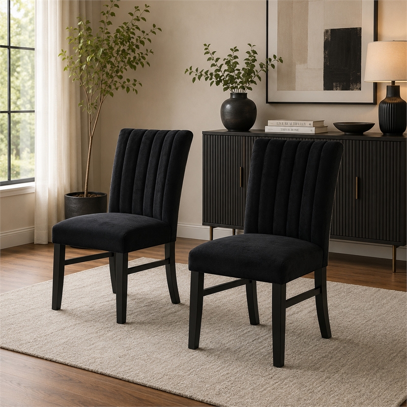 Sely Side Dining Chair Set of 2- Foam Fill Seat and Channeled Back- Black