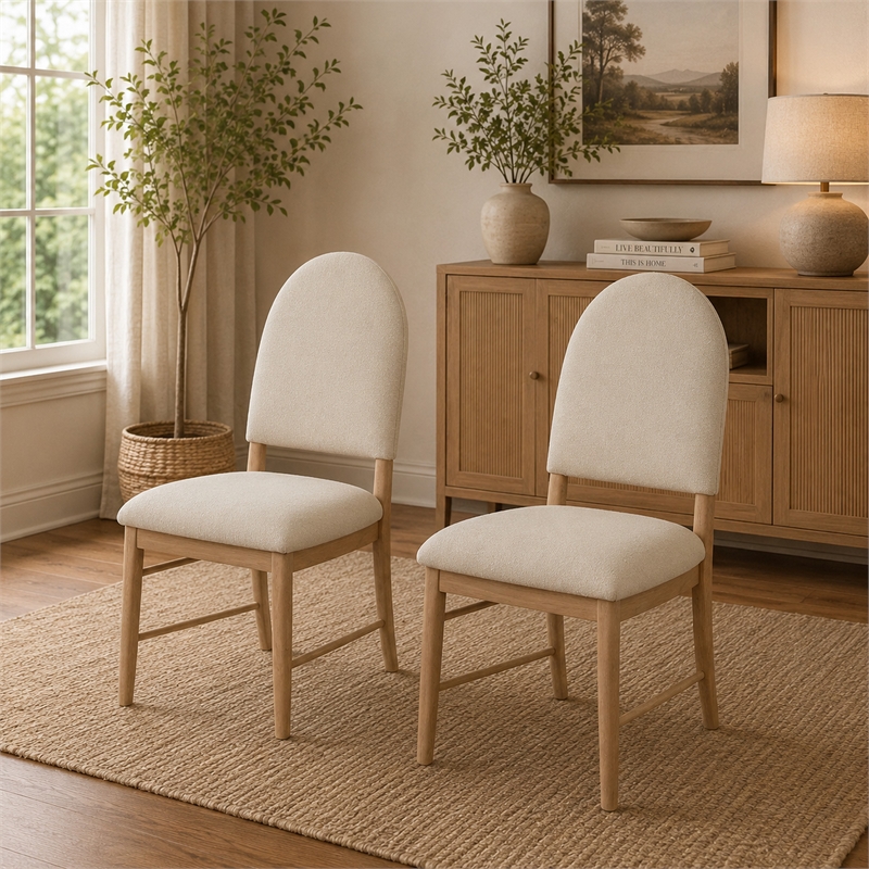 Reha Dining Side Chair Set of 2- Arch Back- Beige Cushions- Natural Brown