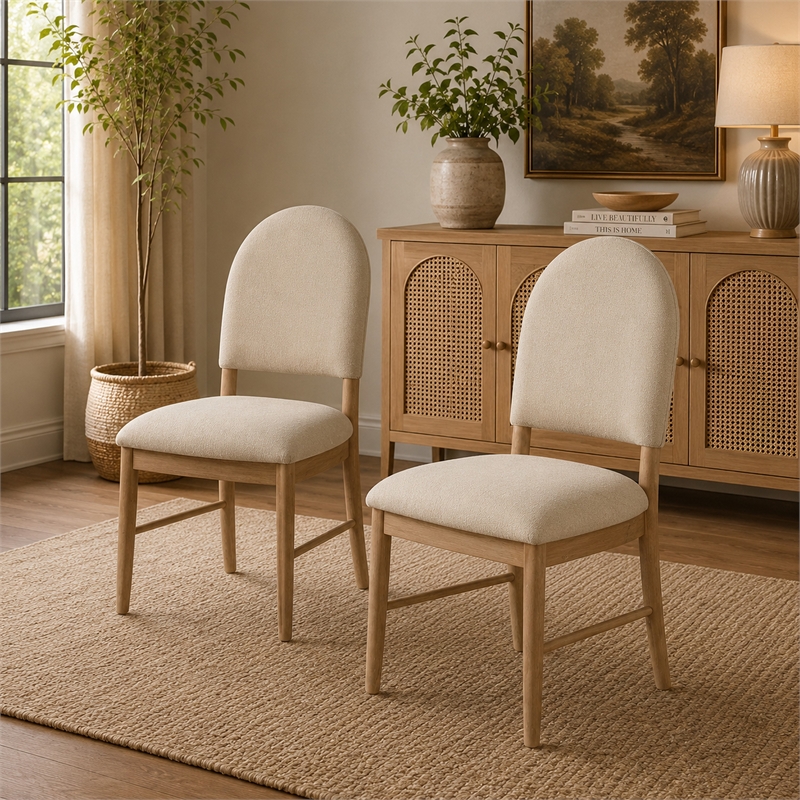 Reha Dining Side Chair Set of 2- Arch Back- Beige Cushions- Natural Brown