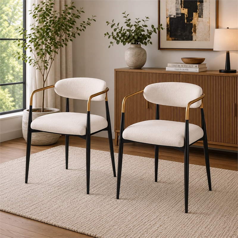 Nean Dining Side Chair Set of 2- Gold Metal Arms- White Cushions- Black