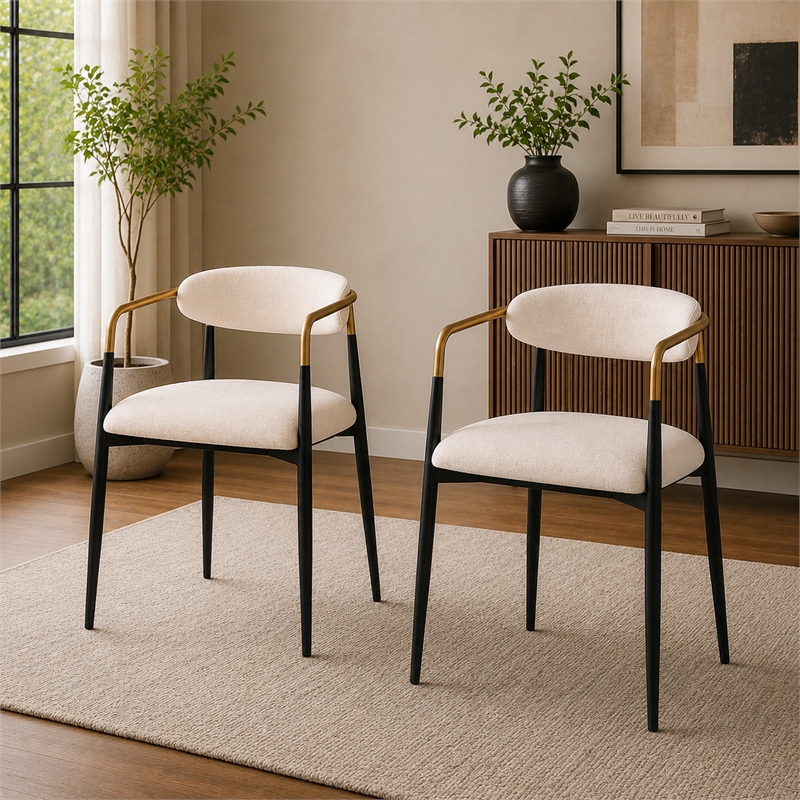 Nean Dining Side Chair Set of 2- Gold Metal Arms- White Cushions- Black