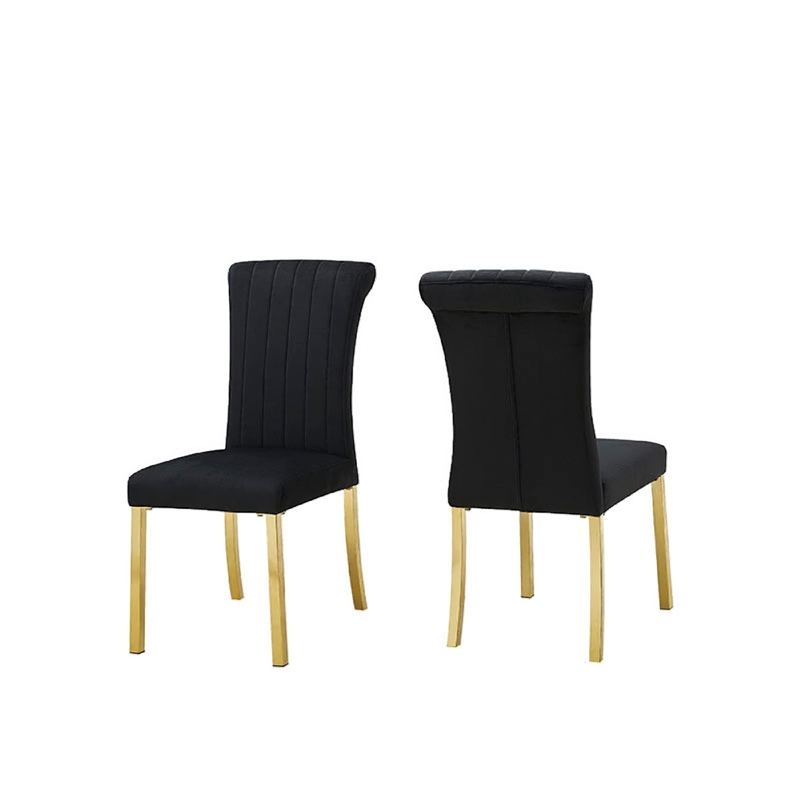 Hols Parson Dining Side Chair Set of 2- Channeled Black Fabric- Gold Steel