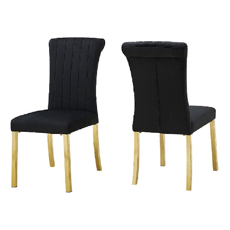 Hols Parson Dining Side Chair Set of 2- Channeled Black Fabric- Gold Steel