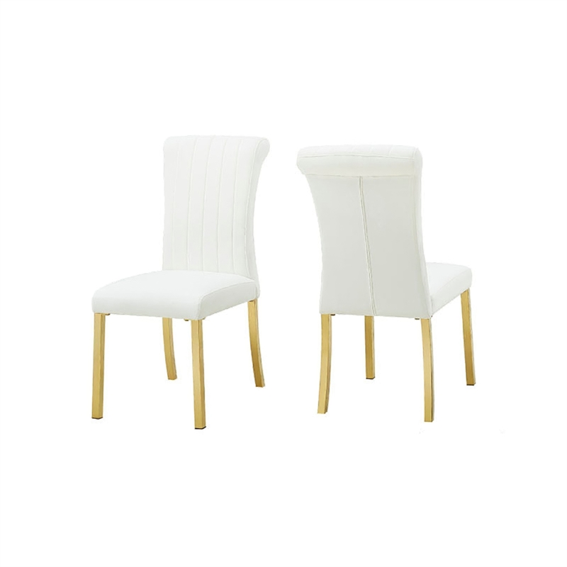 Dining Side Chair Set of 2- Channeled White Fabric- Gold Steel Base